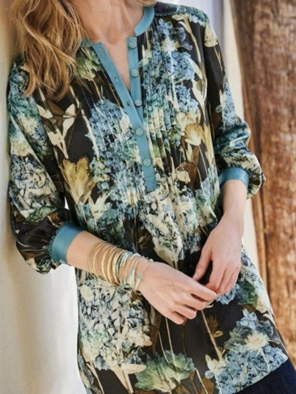 Soft Surroundings Teal Blue Floral Hydrangea 100% Silk Tunic Top Size M